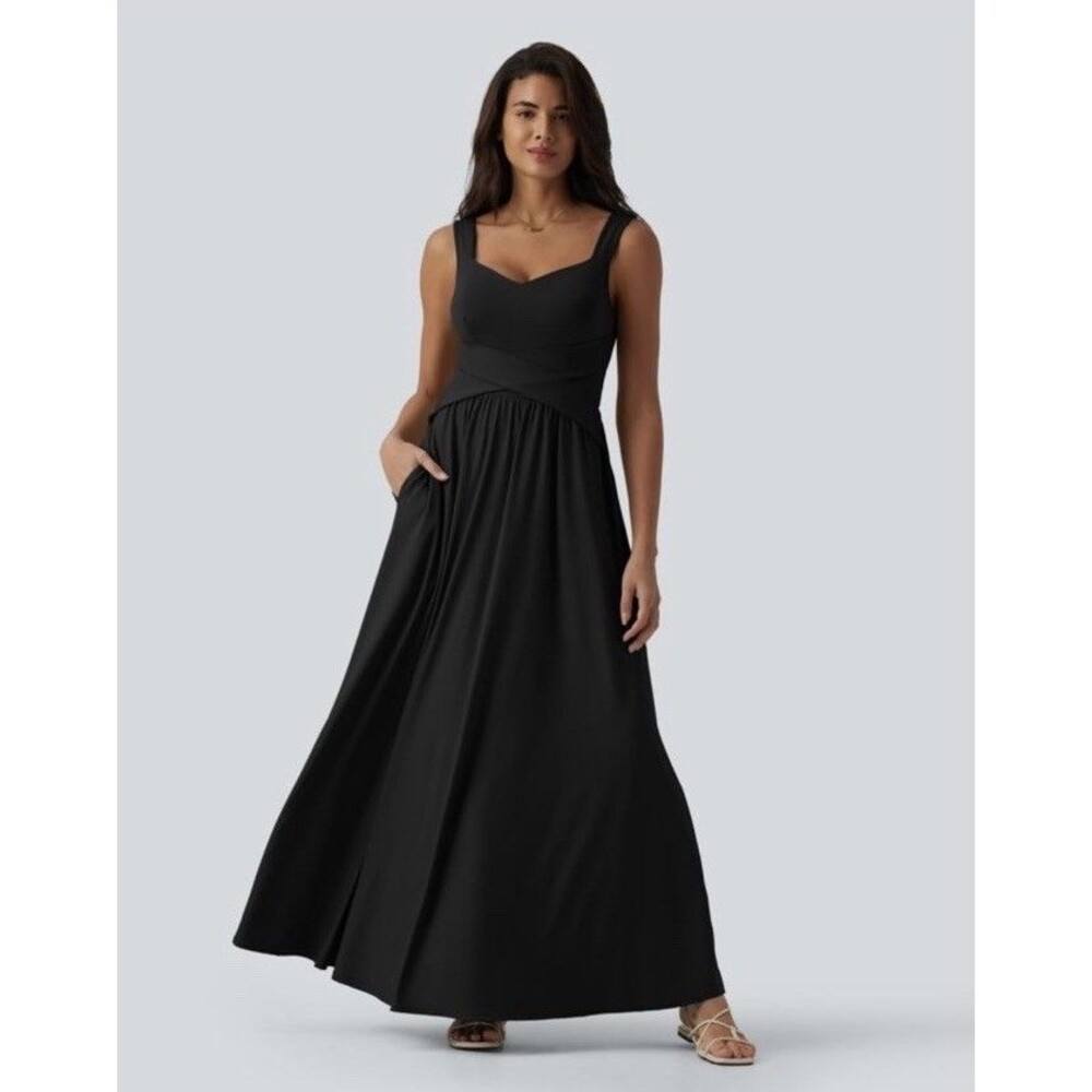 Halara Women's Built-in Bra Flowy Maxi Casual Dress with Pocket Black XL NWT